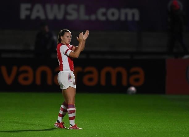 Katie McCabe of Arsenal claps the fans after the UEFA Women's Champions League match between Arsenal Women and Slavia Prague at Meadow Park on August...