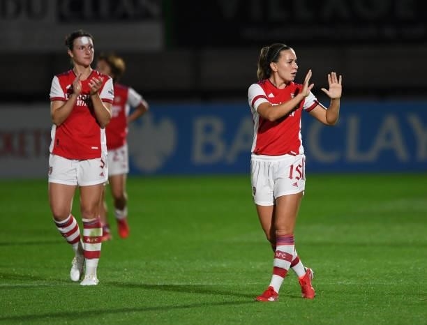 Katie McCabe of Arsenal waves to the fans after the UEFA Women's Champions League match between Arsenal Women and Slavia Prague at Meadow Park on...
