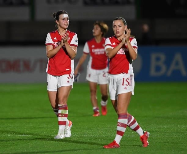 Lotte Wubben-Moy of Arsenal claps the fans after the UEFA Women's Champions League match between Arsenal Women and Slavia Prague at Meadow Park on...