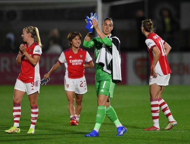Manuela Zinsberger of Arsenal claps the fans after the UEFA Women's Champions League match between Arsenal Women and Slavia Prague at Meadow Park on...