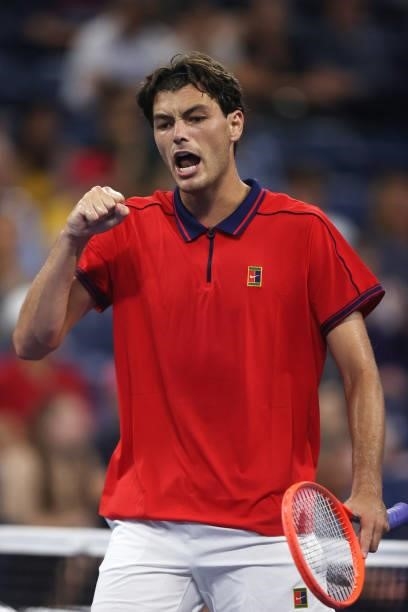 Taylor Fritz of the United States celebrates a point against Alex de Minaur of Australia during his Men's Singles first round match on Day Two of the...