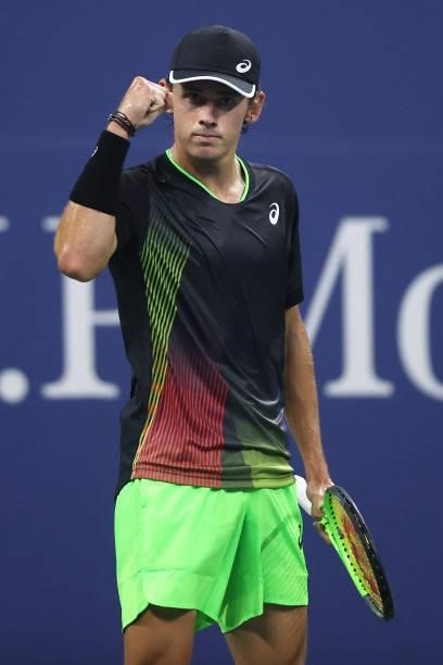 Alex de Minaur of Australia reacts against Taylor Fritz of the United States during his Men's Singles first round match on Day Two of the 2021 US...