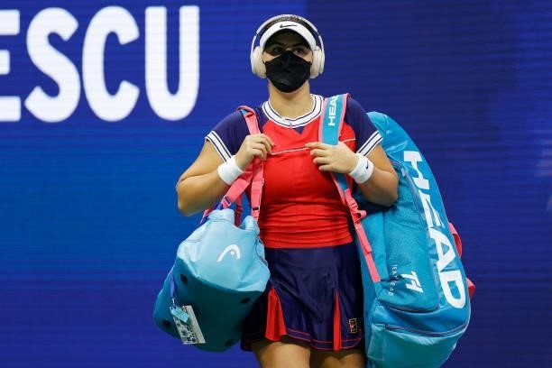 Bianca Andreescu of Canada walks in before her Women's Singles first round match against Viktorija Golubic of Switzerland on Day Two of the 2021 US...