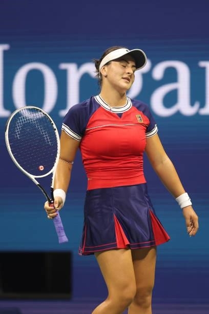 Bianca Andreescu of Canada reacts against Viktorija Golubic of Switzerland during her Women's Singles first round match on Day Two of the 2021 US...