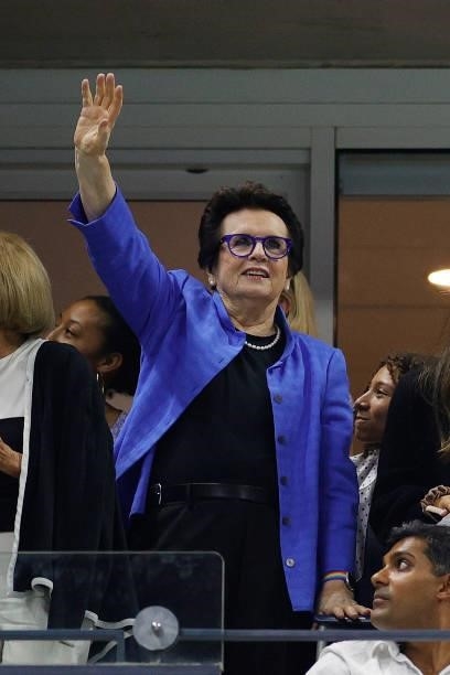 Billie Jean King waves to the crowd on Day Two of the 2021 US Open at the Billie Jean King National Tennis Center on August 31, 2021 in the Flushing...