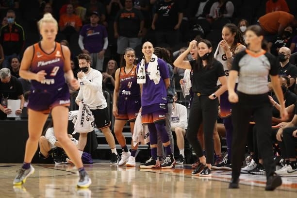 Diana Taurasi of the Phoenix Mercury reacts on the bench during the final moments of the WNBA game against the Chicago Sky at the Footprint Center on...