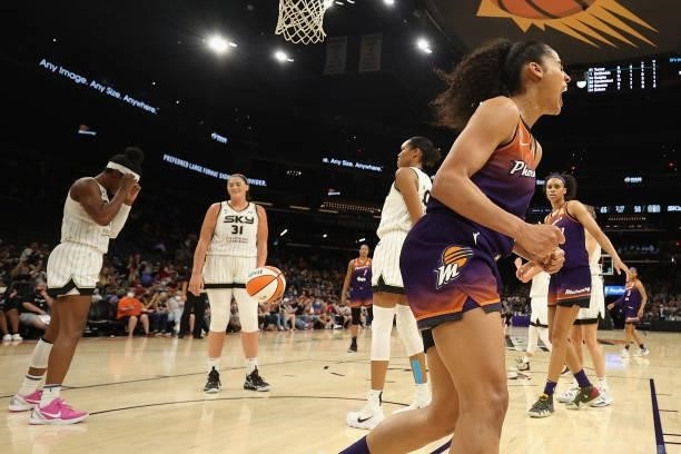Skylar Diggins-Smith of the Phoenix Mercury reacts after scoring and drawing a foul against the Chicago Sky during the second half of the WNBA game...