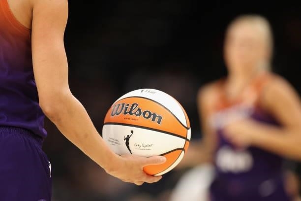 Skylar Diggins-Smith of the Phoenix Mercury holds the ball during the second half of the WNBA game against the Chicago Sky at the Footprint Center on...