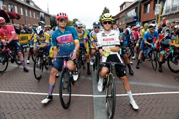 Stefan Bissegger of Switzerland and Team EF Education - Nippo Blue Leader Jersey and Arjen Livyns of Belgium and Team Bingoal WB White Combativity...