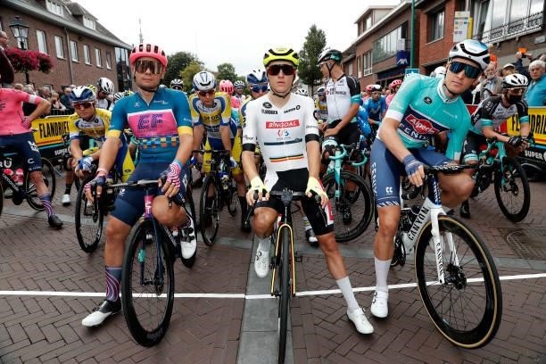 Stefan Bissegger of Switzerland and Team EF Education - Nippo Blue Leader Jersey, Arjen Livyns of Belgium and Team Bingoal WB White Combativity...