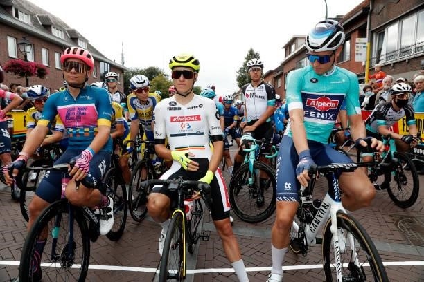 Stefan Bissegger of Switzerland and Team EF Education - Nippo Blue Leader Jersey, Arjen Livyns of Belgium and Team Bingoal WB White Combativity...