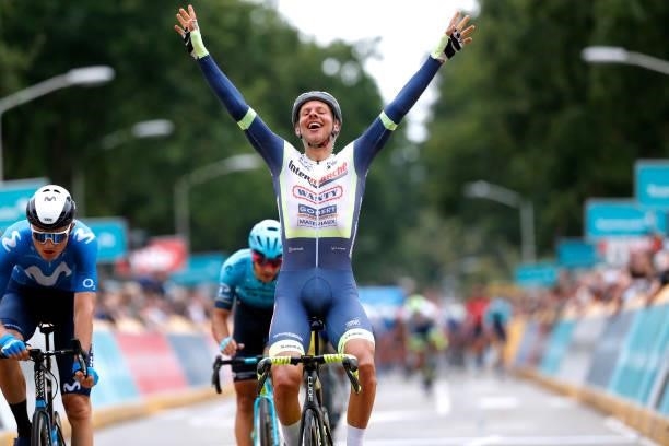 Taco Van Der Hoorn of Netherlands and Team Intermarché - Wanty - Gobert Matériaux celebrates at finish line as stage winner during the 17th Benelux...