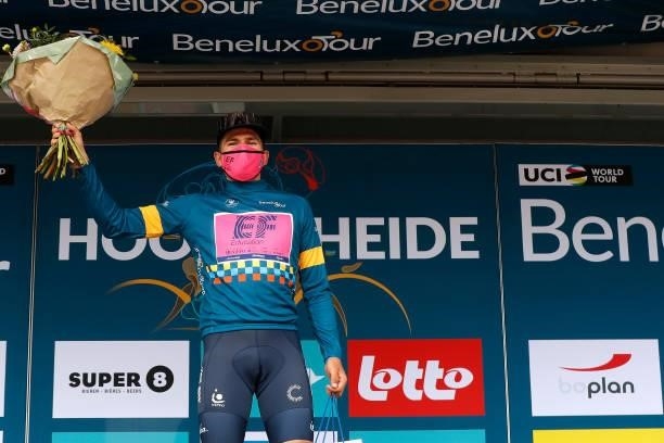 Stefan Bissegger of Switzerland and Team EF Education - Nippo celebrates winning the Blue Leader Jersey on the podium ceremony after the 17th Benelux...