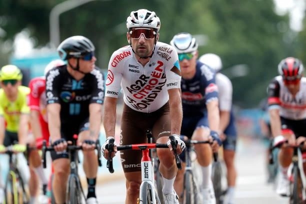 Julien Duval of France and AG2R Citröen Team crosses the finishing line during the 17th Benelux Tour 2021, Stage 3 a 168,3km stage from Essen to...