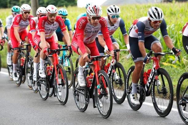 Jean Pierre Drucker of Luxembourg and Team Cofidis and Matteo Moschetti of Italy and Team Trek - Segafredo compete during the 17th Benelux Tour 2021,...