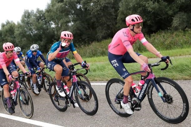 Stefan Bissegger of Switzerland Blue Leader Jersey and Logan Owen of United States and Team EF Education - Nippo compete during the 17th Benelux Tour...