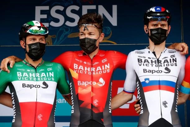 Sonny Colbrelli of Italy, Heinrich Haussler of Australia and Matej Mohoric of Slovenia and Team Bahrain Victorious during the team presentation prior...