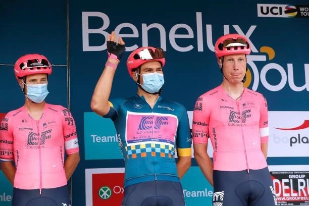 Stefan Bissegger of Switzerland Blue Leader Jersey and Julius Van Den Berg of Netherlands and Team EF Education - Nippo prior to the 17th Benelux...