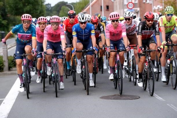 Stefan Bissegger of Switzerland Blue Leader Jersey, Logan Owen of United States and Team EF Education - Nippo, Stijn Steels of Belgium and Team...