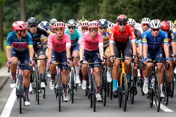 Stefan Bissegger of Switzerland Blue Leader Jersey, Daniel Arroyave Cañas of Colombia, Logan Owen of United States and Team EF Education - Nippo,...