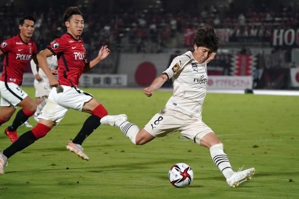 Yasuto Wakizaka of Kawasaki Frontale attempts a shot during the J.League YBC Levain Cup quarter final first leg between Urawa Red Diamonds and the...