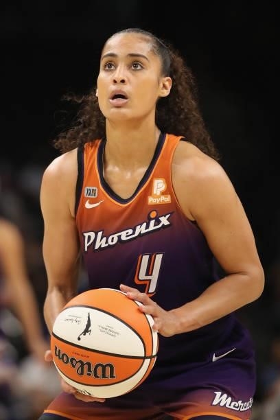 Skylar Diggins-Smith of the Phoenix Mercury shoots a free-throw shot against the Chicago Sky during the second half of the WNBA game at the Footprint...