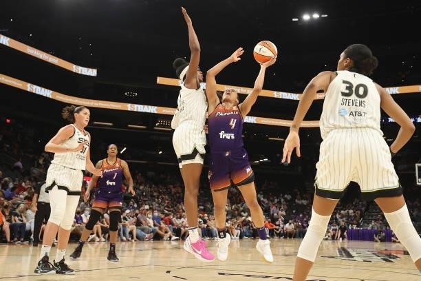 Skylar Diggins-Smith of the Phoenix Mercury attempts a shot against the Chicago Sky during the second half of the WNBA game at the Footprint Center...