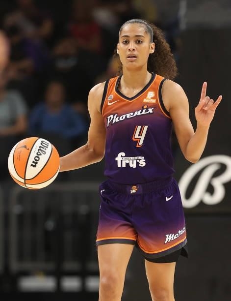 Skylar Diggins-Smith of the Phoenix Mercury handles the ball during the second half of the WNBA game against the Chicago Sky at the Footprint Center...