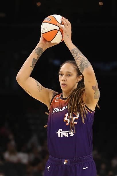 Brittney Griner of the Phoenix Mercury looks to pass during the second half of the WNBA game at the Footprint Center on August 31, 2021 in Phoenix,...