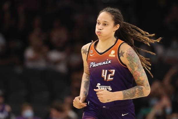 Brittney Griner of the Phoenix Mercury during the first half of the WNBA game at the Footprint Center on August 31, 2021 in Phoenix, Arizona.