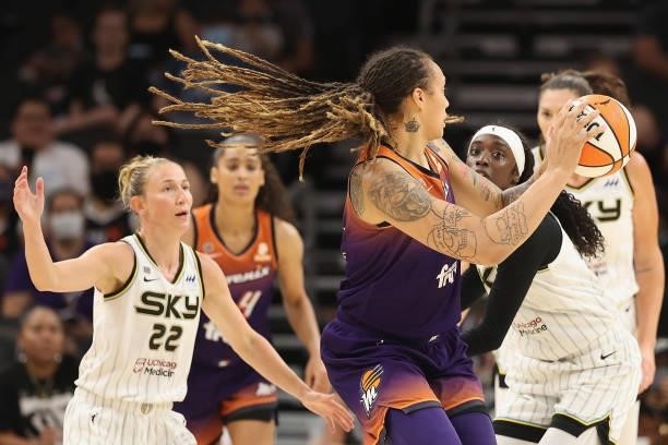 Brittney Griner of the Phoenix Mercury looks to pass during the first half of the WNBA game at the Footprint Center on August 31, 2021 in Phoenix,...