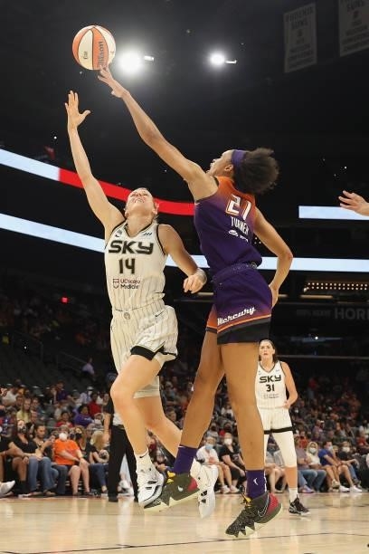 Allie Quigley of the Chicago Sky attempts a shot against Brianna Turner of the Phoenix Mercury during the first half of the WNBA game at the...