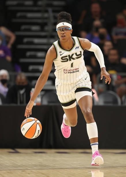 Diamond DeShields of the Chicago Sky handles the ball against the Phoenix Mercury during the first half of the WNBA game at the Footprint Center on...