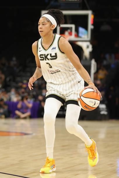 Candace Parker of the Chicago Sky handles the ball against the Phoenix Mercury during the first half of the WNBA game at the Footprint Center on...