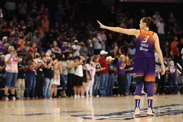 Diana Taurasi of the Phoenix Mercury waves to fans before the WNBA game against the Chicago Sky at the Footprint Center on August 31, 2021 in...