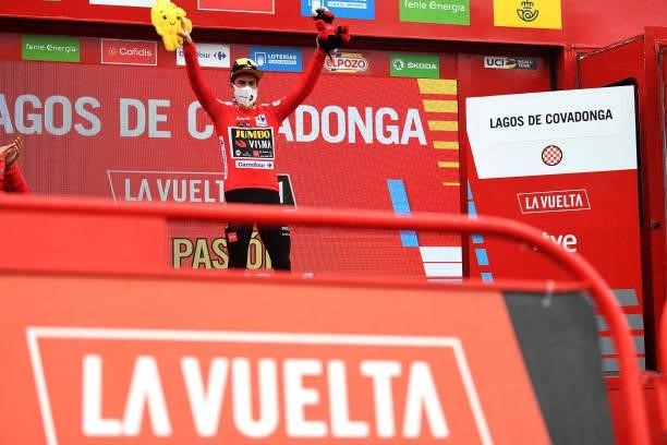 Primoz Roglic of Slovenia and Team Jumbo - Visma celebrates winning the Red Leader Jersey on the podium ceremony after the 76th Tour of Spain 2021,...
