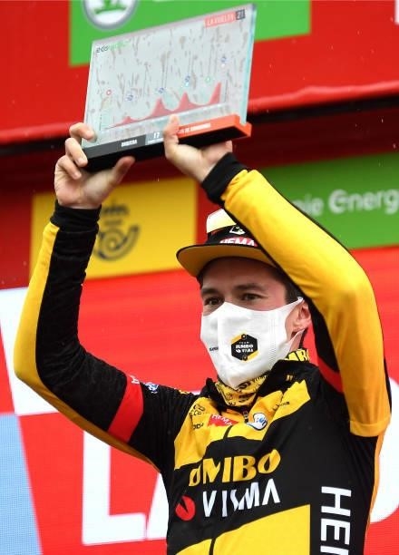 Primoz Roglic of Slovenia and Team Jumbo - Visma celebrates at podium as stage winner during the 76th Tour of Spain 2021, Stage 17 a 185,5km stage...