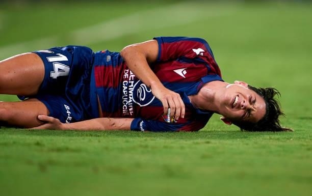 Carolina Ferez of Levante UD lies injured on the pitch during UEFA Women's Champions League Round 2 match between Levante UD and Lyon at Ciutat de...