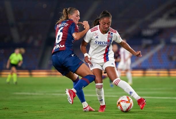 Sandie Toletti of Levante UD competes for the ball with Selma Bacha of Lyon during UEFA Women's Champions League Round 2 match between Levante UD and...