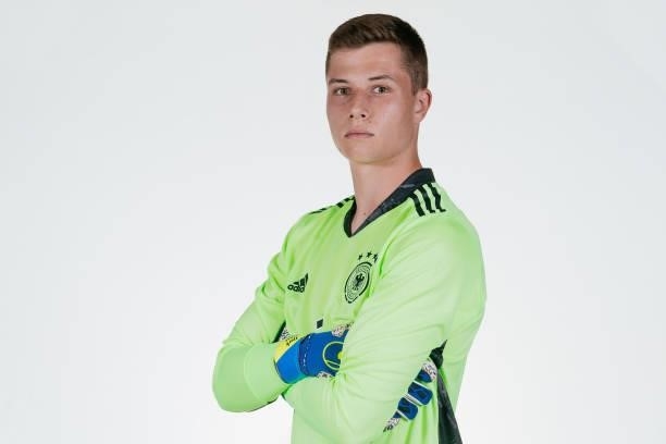 Tjark Ernst poses during the Germany U19 team presentation on September 01, 2021 in Villingen-Schwenningen, Germany.