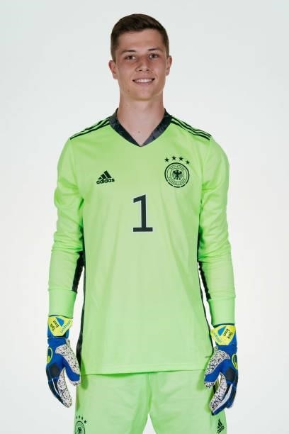 Tjark Ernst poses during the Germany U19 team presentation on September 01, 2021 in Villingen-Schwenningen, Germany.