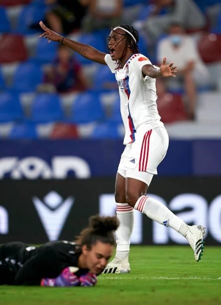 Melvine Malard of Lyon celebrates after scoring her team's first goal during UEFA Women's Champions League Round 2 match between Levante UD and Lyon...