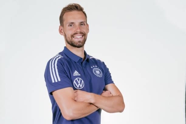 Moritz Ulrich poses during the Germany U19 team presentation on September 01, 2021 in Villingen-Schwenningen, Germany.