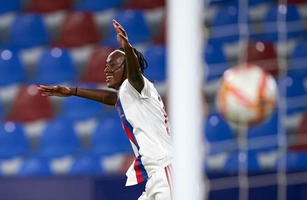 Melvine Malard of Lyon celebrates after scoring her team's first goal during UEFA Women's Champions League Round 2 match between Levante UD and Lyon...