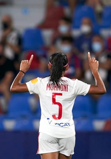 Perle Morroni of Lyon celebrates after scoring her team's second goal during UEFA Women's Champions League Round 2 match between Levante UD and Lyon...