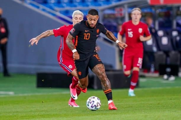 Memphis Depay of the Netherlands during the World Cup Qualifier match between Norway and Netherlands at Ullevaal Stadium on September 1, 2021 in...