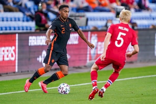 Jurrien Timber of the Netherlands, Birger Meling of Norway during the World Cup Qualifier match between Norway and Netherlands at Ullevaal Stadium on...