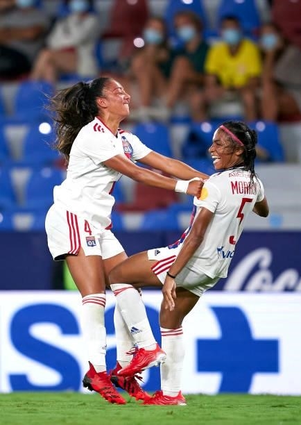 Perle Morroni of Lyon celebrates after scoring her team's second goal with her teammate Selma Bacha during UEFA Women's Champions League Round 2...