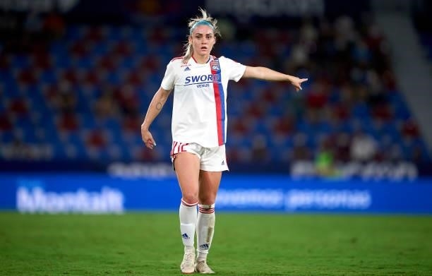 Ellie Carpenter of Lyon reacts during UEFA Women's Champions League Round 2 match between Levante UD and Lyon at Ciutat de Valencia on September 01,...