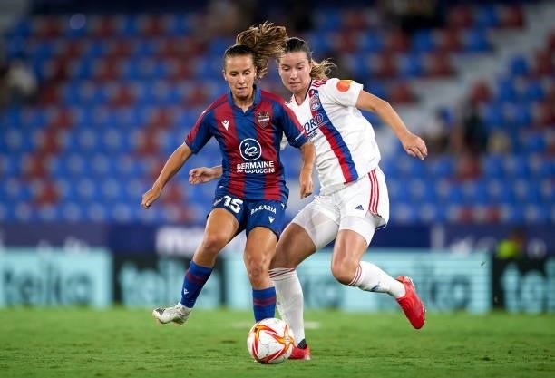 Tatiana Pinto of Levante UD competes for the ball with Damaris Egurrola of Lyon during UEFA Women's Champions League Round 2 match between Levante UD...